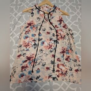 Floral Sleeveless Blouse with Tie Neck